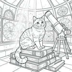 Một con mèo tam thể lông tơ đậu duyên dáng trên một chồng sách cổ, bìa da trong một đài quan sát ấm cúng, ngập tràn ánh nắng. Các bức tường của đài quan sát được lót bằng các biểu đồ thiên thể phức tạp và một kính viễn vọng lớn, được trang trí công phu chiếm ưu thế ở một góc. Những dòng chảy mềm mại qua cửa sổ mái vòm, chiếu sáng những bụi bặm nhảy múa trong không khí và làm nổi bật bộ lông có hoa văn của con mèo. Những cuốn sách chất đống cao, gợi ý một thiên đường yên tĩnh để nghiên cứu và chiêm nghiệm. Đường nét tinh tế xác định hình dạng của con mèo và các chi tiết của nền, tạo ra một khung cảnh thanh bình và hấp dẫn hoàn hảo để tô màu. Đuôi mèo uốn xoăn thanh lịch xung quanh sách, tạo thêm nét quyến rũ vui tươi., tô màu, nghệ thuật đường nét, nền trắng