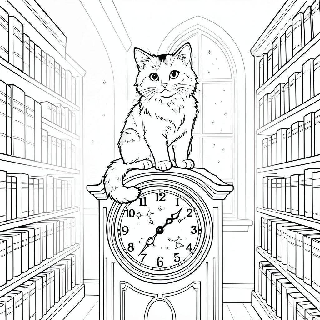 Một con mèo tam thể lông dài, lông xù đang đậu trên một chiếc đồng hồ cổ kính lớn trong một thư viện màu trắng. Mặt đồng hồ có thể nhìn thấy, hiển thị một hình minh họa kỳ lạ về các chòm sao thay vì số. Giá sách tràn ngập những cuốn sách bìa da xếp dọc các bức tường, lùi lại thành một phối cảnh mềm mại, mờ nhạt. Một luồng ánh sáng mặt trời duy nhất chiếu qua một cửa sổ hình vòm cao, chiếu sáng con mèo và làm nổi bật những mảng bụi nhảy múa trong không khí. Đuôi mèo cuộn tròn gọn gàng quanh bàn chân và đôi tai của nó tỉnh táo, cho thấy sự tò mò nhẹ nhàng. Toàn bộ khung cảnh được hiển thị với các đường nét rõ ràng, sắc nét, hoàn hảo để tô màu., tô màu, nghệ thuật đường nét, nền trắng