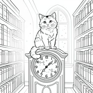 Một con mèo tam thể lông dài, lông xù đang đậu trên một chiếc đồng hồ cổ kính lớn trong một thư viện màu trắng. Mặt đồng hồ có thể nhìn thấy, hiển thị một hình minh họa kỳ lạ về các chòm sao thay vì số. Giá sách tràn ngập những cuốn sách bìa da xếp dọc các bức tường, lùi lại thành một phối cảnh mềm mại, mờ nhạt. Một luồng ánh sáng mặt trời duy nhất chiếu qua một cửa sổ hình vòm cao, chiếu sáng con mèo và làm nổi bật những mảng bụi nhảy múa trong không khí. Đuôi mèo cuộn tròn gọn gàng quanh bàn chân và đôi tai của nó tỉnh táo, cho thấy sự tò mò nhẹ nhàng. Toàn bộ khung cảnh được hiển thị với các đường nét rõ ràng, sắc nét, hoàn hảo để tô màu., tô màu, nghệ thuật đường nét, nền trắng