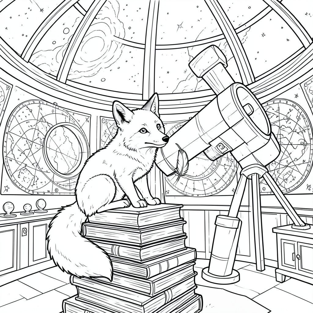 Một con cáo Bắc Cực tò mò ngồi đậu trên một chồng sách cổ cao chót vót trong một đài quan sát ấm cúng, ngập tràn ánh nắng. Các bức tường của đài quan sát được lót bằng các biểu đồ thiên thể phức tạp và một kính viễn vọng mở, khổng lồ hướng về phía một tinh vân xoáy trên trần nhà hình vòm. Bụi nhảy múa trong bộ lọc qua một cửa sổ tròn, chiếu sáng cái đuôi lông tơ của con cáo cuộn tròn gọn gàng quanh bàn chân của nó. Đầu của con cáo hơi nghiêng, như thể đang chăm chú nghiên cứu vũ trụ. Một chiếc lông vũ mỏng manh trôi xuống từ trên cao, nhẹ nhàng đáp xuống gần mũi cáo., trang màu, nghệ thuật đường nét, nền trắng