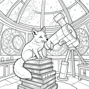 Một con cáo Bắc Cực tò mò ngồi đậu trên một chồng sách cổ cao chót vót trong một đài quan sát ấm cúng, ngập tràn ánh nắng. Các bức tường của đài quan sát được lót bằng các biểu đồ thiên thể phức tạp và một kính viễn vọng mở, khổng lồ hướng về phía một tinh vân xoáy trên trần nhà hình vòm. Bụi nhảy múa trong bộ lọc qua một cửa sổ tròn, chiếu sáng cái đuôi lông tơ của con cáo cuộn tròn gọn gàng quanh bàn chân của nó. Đầu của con cáo hơi nghiêng, như thể đang chăm chú nghiên cứu vũ trụ. Một chiếc lông vũ mỏng manh trôi xuống từ trên cao, nhẹ nhàng đáp xuống gần mũi cáo., trang màu, nghệ thuật đường nét, nền trắng