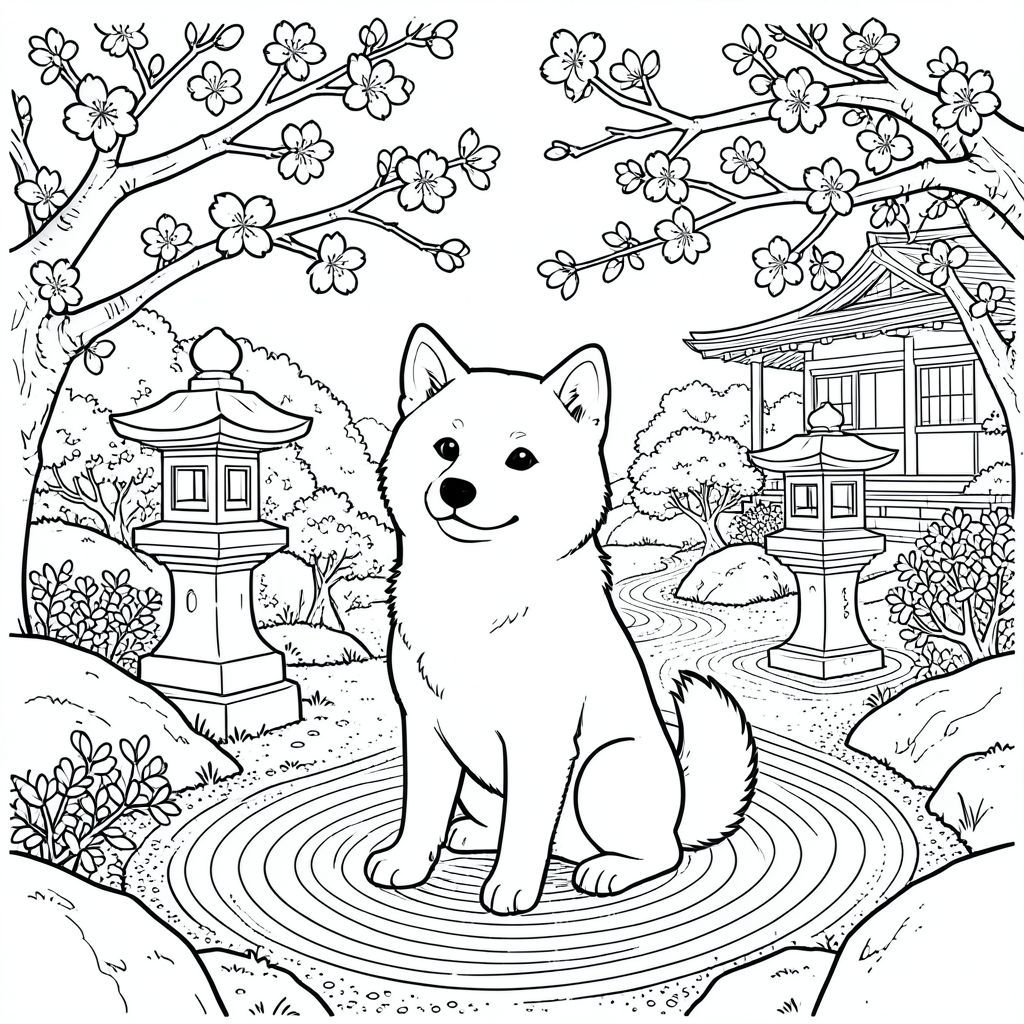 Một chú Shiba Inu vui tươi ngồi chăm chú giữa một vườn trà Nhật Bản tràn ngập. Những cành hoa anh đào, đầy những bông hoa mỏng manh, uốn lượn duyên dáng trên đầu, tạo khung cho chú chó. Những chiếc đèn lồng đá mềm mại, khuếch tán, và một con đường sỏi nhỏ, được cào tỉ mỉ uốn lượn qua khung cảnh. Bộ lông của chú chó được thể hiện với những đường nét uyển chuyển, gọn gàng, nhấn mạnh tư thế tỉnh táo và đôi mắt biểu cảm của nó. Một cái đuôi cuộn tròn duy nhất hoàn thiện hình ảnh. Các chi tiết hậu cảnh bao gồm những tảng đá phủ đầy rêu được đặt cẩn thận và một cái nhìn thoáng qua về một quán trà bằng gỗ truyền thống ở phía xa. Ghi chú tô màu: * Shiba Inu là yếu tố trung tâm.  * Thưởng thức tô màu các chi tiết phức tạp của hoa anh đào, đèn lồng đá và con đường rải sỏi.  * Sử dụng độ dày đường nét nhất quán để bắt chước phong cách khắc gỗ Ukiyo-e.  * Vườn trà cung cấp một môi trường phong phú và chi tiết để mang lại cuộc sống., tô màu, nghệ thuật đường nét, nền trắng
