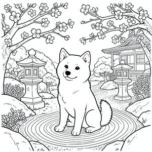 Một chú Shiba Inu vui tươi ngồi chăm chú giữa một vườn trà Nhật Bản tràn ngập. Những cành hoa anh đào, đầy những bông hoa mỏng manh, uốn lượn duyên dáng trên đầu, tạo khung cho chú chó. Những chiếc đèn lồng đá mềm mại, khuếch tán, và một con đường sỏi nhỏ, được cào tỉ mỉ uốn lượn qua khung cảnh. Bộ lông của chú chó được thể hiện với những đường nét uyển chuyển, gọn gàng, nhấn mạnh tư thế tỉnh táo và đôi mắt biểu cảm của nó. Một cái đuôi cuộn tròn duy nhất hoàn thiện hình ảnh. Các chi tiết hậu cảnh bao gồm những tảng đá phủ đầy rêu được đặt cẩn thận và một cái nhìn thoáng qua về một quán trà bằng gỗ truyền thống ở phía xa. Ghi chú tô màu: * Shiba Inu là yếu tố trung tâm.  * Thưởng thức tô màu các chi tiết phức tạp của hoa anh đào, đèn lồng đá và con đường rải sỏi.  * Sử dụng độ dày đường nét nhất quán để bắt chước phong cách khắc gỗ Ukiyo-e.  * Vườn trà cung cấp một môi trường phong phú và chi tiết để mang lại cuộc sống., tô màu, nghệ thuật đường nét, nền trắng