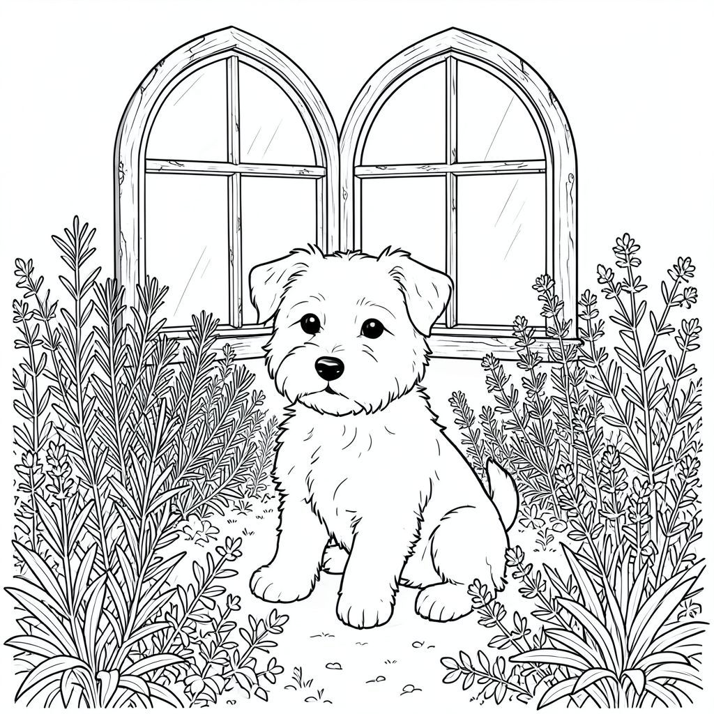 Một sục lông tơ kiên nhẫn ngồi giữa một khu vườn thảo mộc mọc um tùm. Ánh sáng mặt trời chiếu qua một cửa sổ hình vòm lớn, chiếu sáng và làm nổi bật các kết cấu khác nhau của cây - hương thảo, và cỏ xạ hương - bao quanh nó. Khung cửa sổ bằng gỗ già, hơi sứt mẻ, gợi lên một nhà kính kiểu cũ, quyến rũ. Đuôi của uốn cong nhẹ nhàng quanh bàn chân của nó. Các đường nét sạch sẽ, sắc nét xác định hình dạng của chú chó và các chi tiết của khu vườn. Nội thất của là màu trắng., trang màu, nghệ thuật đường nét, nền trắng