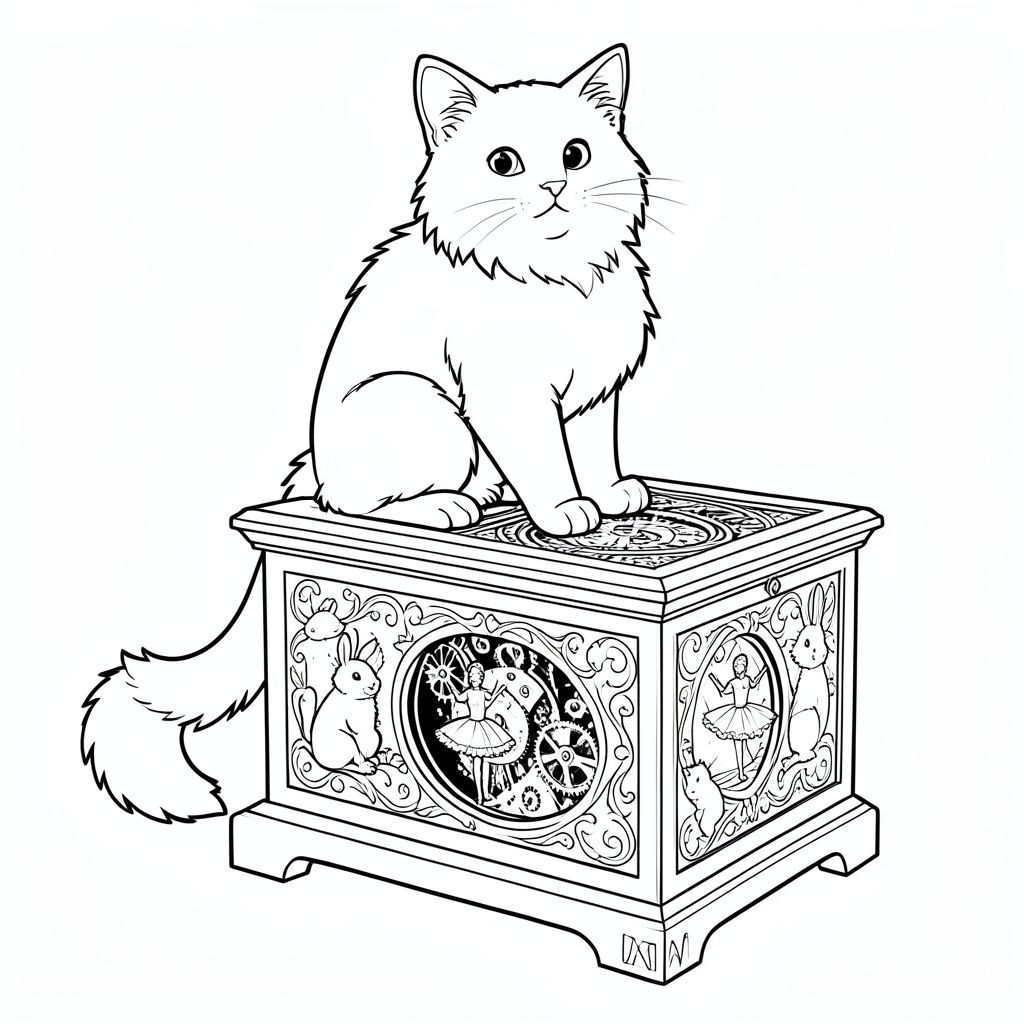 Một con mèo lông dài, lông tơ ngồi trên một hộp nhạc cổ, lớn. Bản thân hộp nhạc được chi tiết phức tạp với các hình chạm khắc các sinh vật trong rừng vui tươi - sóc, thỏ và chim - tất cả đều được hiển thị theo một mô hình xoáy tinh tế. Bên trong hộp nhạc có thể nhìn thấy, để lộ một cơ chế đồng hồ phức tạp với các bánh răng nhỏ, quay và một bức tượng nữ diễn viên ba lê thu nhỏ đứng giữa vòng xoay. Đuôi mèo uốn cong thanh lịch quanh mép hộp. Các đường nét rõ ràng, sắc nét xác định hình dạng của mèo và các chi tiết xung quanh. Bối cảnh được đặt trên phông nền trắng, nhấn mạnh thiết kế phức tạp của con mèo và hộp nhạc., trang màu, nghệ thuật đường nét, nền trắng