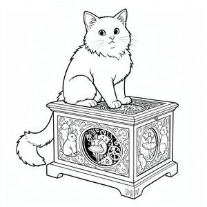 Một con mèo lông dài, lông tơ ngồi trên một hộp nhạc cổ, lớn. Bản thân hộp nhạc được chi tiết phức tạp với các hình chạm khắc các sinh vật trong rừng vui tươi - sóc, thỏ và chim - tất cả đều được hiển thị theo một mô hình xoáy tinh tế. Bên trong hộp nhạc có thể nhìn thấy, để lộ một cơ chế đồng hồ phức tạp với các bánh răng nhỏ, quay và một bức tượng nữ diễn viên ba lê thu nhỏ đứng giữa vòng xoay. Đuôi mèo uốn cong thanh lịch quanh mép hộp. Các đường nét rõ ràng, sắc nét xác định hình dạng của mèo và các chi tiết xung quanh. Bối cảnh được đặt trên phông nền trắng, nhấn mạnh thiết kế phức tạp của con mèo và hộp nhạc., trang màu, nghệ thuật đường nét, nền trắng