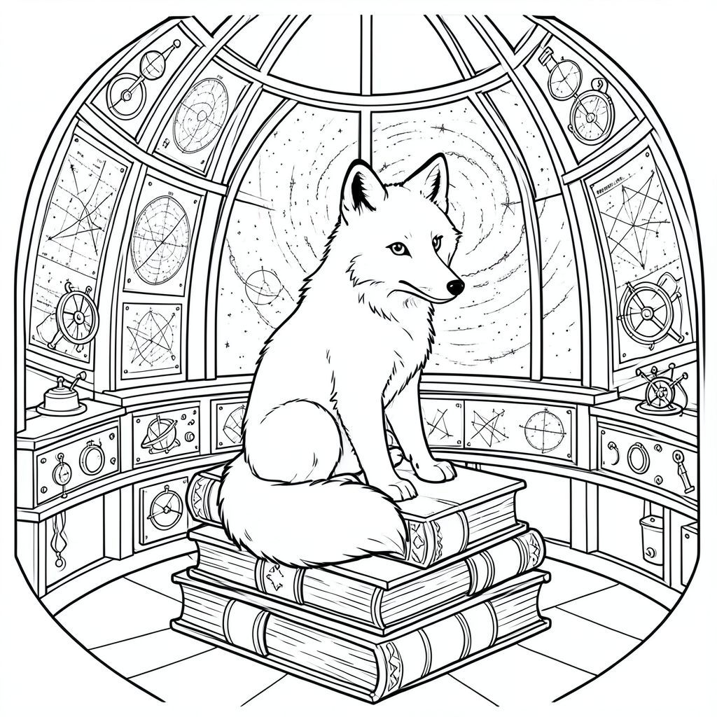 Một con cáo Bắc Cực lông tơ ngồi đậu trên một chồng sách cổ, bìa da trong một đài quan sát hình tròn, ấm cúng. Các bức tường của đài quan sát được lót bằng các biểu đồ sao chi tiết và các dụng cụ thiên văn. Một cửa sổ lớn, hình vòm để lộ một tinh vân xoáy với màu sắc mềm mại trên bầu trời đêm. Đuôi của con cáo uốn cong nhẹ nhàng xung quanh những cuốn sách. Các đường nét rõ ràng, sắc nét xác định hình dạng của cáo và các chi tiết của đài quan sát., trang màu, nghệ thuật đường nét, nền trắng