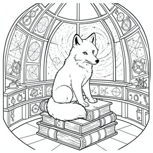 Một con cáo Bắc Cực lông tơ ngồi đậu trên một chồng sách cổ, bìa da trong một đài quan sát hình tròn, ấm cúng. Các bức tường của đài quan sát được lót bằng các biểu đồ sao chi tiết và các dụng cụ thiên văn. Một cửa sổ lớn, hình vòm để lộ một tinh vân xoáy với màu sắc mềm mại trên bầu trời đêm. Đuôi của con cáo uốn cong nhẹ nhàng xung quanh những cuốn sách. Các đường nét rõ ràng, sắc nét xác định hình dạng của cáo và các chi tiết của đài quan sát., trang màu, nghệ thuật đường nét, nền trắng