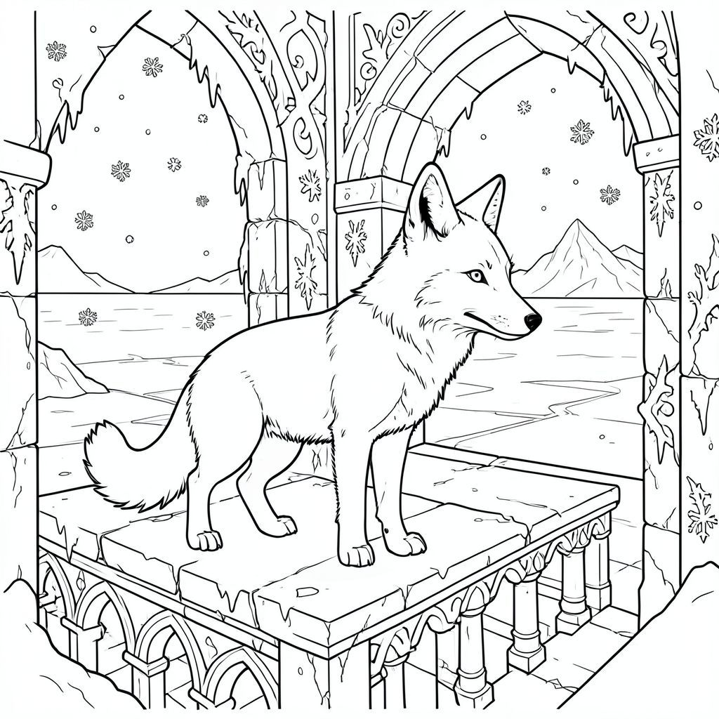 Một con cáo Bắc Cực hùng vĩ đứng trên ban công đổ nát, phủ đầy tuyết của một cung điện băng bị lãng quên. Những tác phẩm chạm khắc phức tạp, phủ đầy sương giá tô điểm cho những bức tường đá phía sau nó, gợi ý về một nền văn minh đã mất từ lâu. Bộ lông của cáo có màu trắng nguyên sơ, tương phản với phông nền băng giá. Những bông tuyết mỏng manh xoáy nhẹ nhàng xung quanh nó, được chiếu sáng bởi một lớp lọc mềm mại, khuếch tán qua các cửa sổ hình vòm của cung điện. Ban công nhìn ra một đại dương băng giá rộng lớn, im lặng, trải dài đến chân trời của những đỉnh núi băng giá. Đuôi cáo uốn cong thanh lịch, tai tỉnh táo, lắng nghe tiếng thì thầm của gió Bắc Cực., tô màu, nghệ thuật đường nét, nền trắng