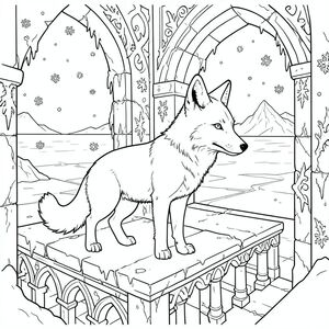 Một con cáo Bắc Cực hùng vĩ đứng trên ban công đổ nát, phủ đầy tuyết của một cung điện băng bị lãng quên. Những tác phẩm chạm khắc phức tạp, phủ đầy sương giá tô điểm cho những bức tường đá phía sau nó, gợi ý về một nền văn minh đã mất từ lâu. Bộ lông của cáo có màu trắng nguyên sơ, tương phản với phông nền băng giá. Những bông tuyết mỏng manh xoáy nhẹ nhàng xung quanh nó, được chiếu sáng bởi một lớp lọc mềm mại, khuếch tán qua các cửa sổ hình vòm của cung điện. Ban công nhìn ra một đại dương băng giá rộng lớn, im lặng, trải dài đến chân trời của những đỉnh núi băng giá. Đuôi cáo uốn cong thanh lịch, tai tỉnh táo, lắng nghe tiếng thì thầm của gió Bắc Cực., tô màu, nghệ thuật đường nét, nền trắng