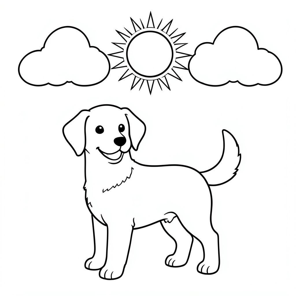 Một chú chó vui vẻ đứng dưới ánh nắng mặt trời và những đám mây mịn. Hình dạng của đơn giản và rõ ràng, sẵn sàng để tô màu. Các đường nét nhẹ nhàng xác định hình dạng của nó, tạo ra một khung cảnh cân bằng và dễ chịu. Một cái đuôi hạnh phúc nhẹ nhàng vẫy vẫy. Nền tối thiểu, cho phép tập trung vào., trang màu, nghệ thuật đường nét, nền trắng