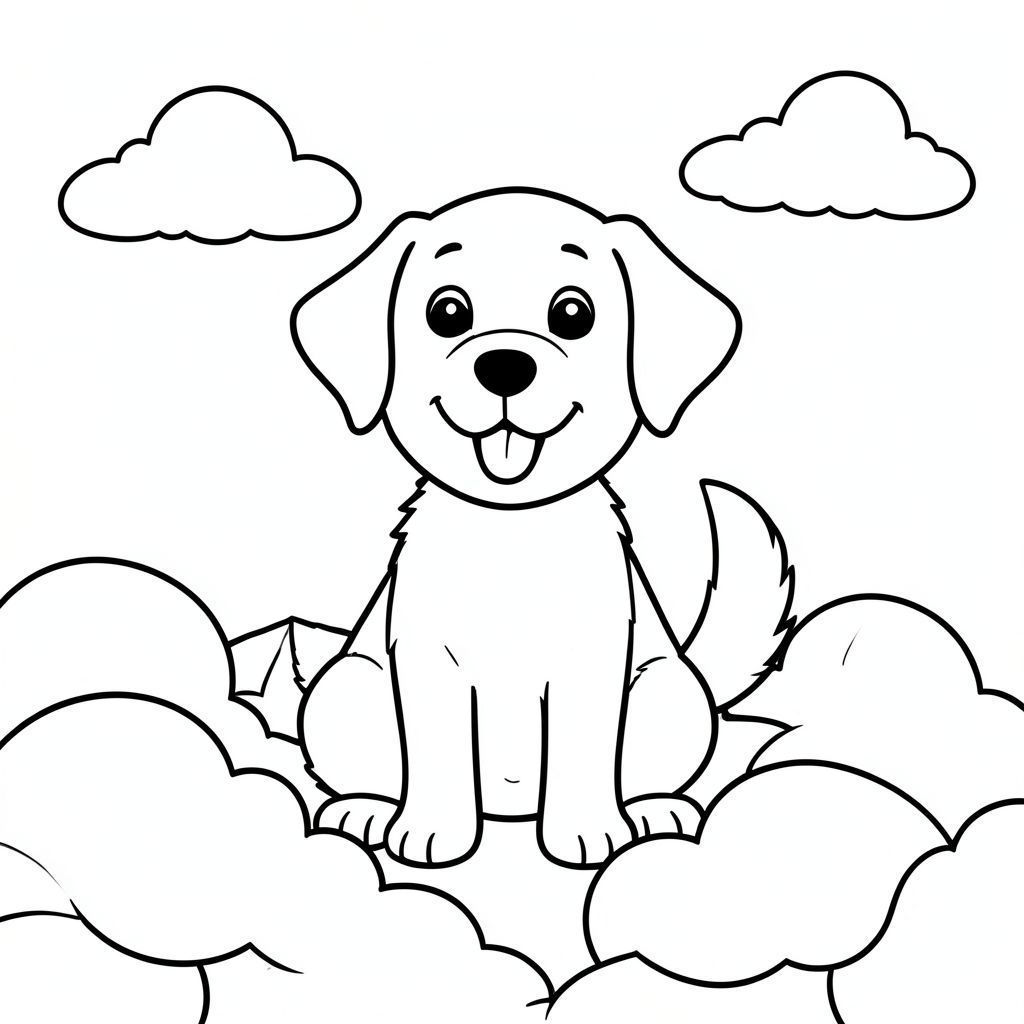 Một chú chó vui vẻ ngồi giữa những đám mây trắng mịn trên bầu trời đầy nắng. có một cái đuôi vui vẻ và biểu cảm vui vẻ, cởi mở. Các đường nét đơn giản, sạch sẽ xác định hình dạng của nó, sẵn sàng để tô màu. Một vài đám mây rải rác, cách điệu trôi nhẹ nhàng ở hậu cảnh. Bố cục được cân bằng, với ở giữa và những đám mây cung cấp một khung hình mềm mại, hỗ trợ., trang màu, nghệ thuật đường nét, nền trắng