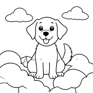 Một chú chó vui vẻ ngồi giữa những đám mây trắng mịn trên bầu trời đầy nắng. có một cái đuôi vui vẻ và biểu cảm vui vẻ, cởi mở. Các đường nét đơn giản, sạch sẽ xác định hình dạng của nó, sẵn sàng để tô màu. Một vài đám mây rải rác, cách điệu trôi nhẹ nhàng ở hậu cảnh. Bố cục được cân bằng, với ở giữa và những đám mây cung cấp một khung hình mềm mại, hỗ trợ., trang màu, nghệ thuật đường nét, nền trắng