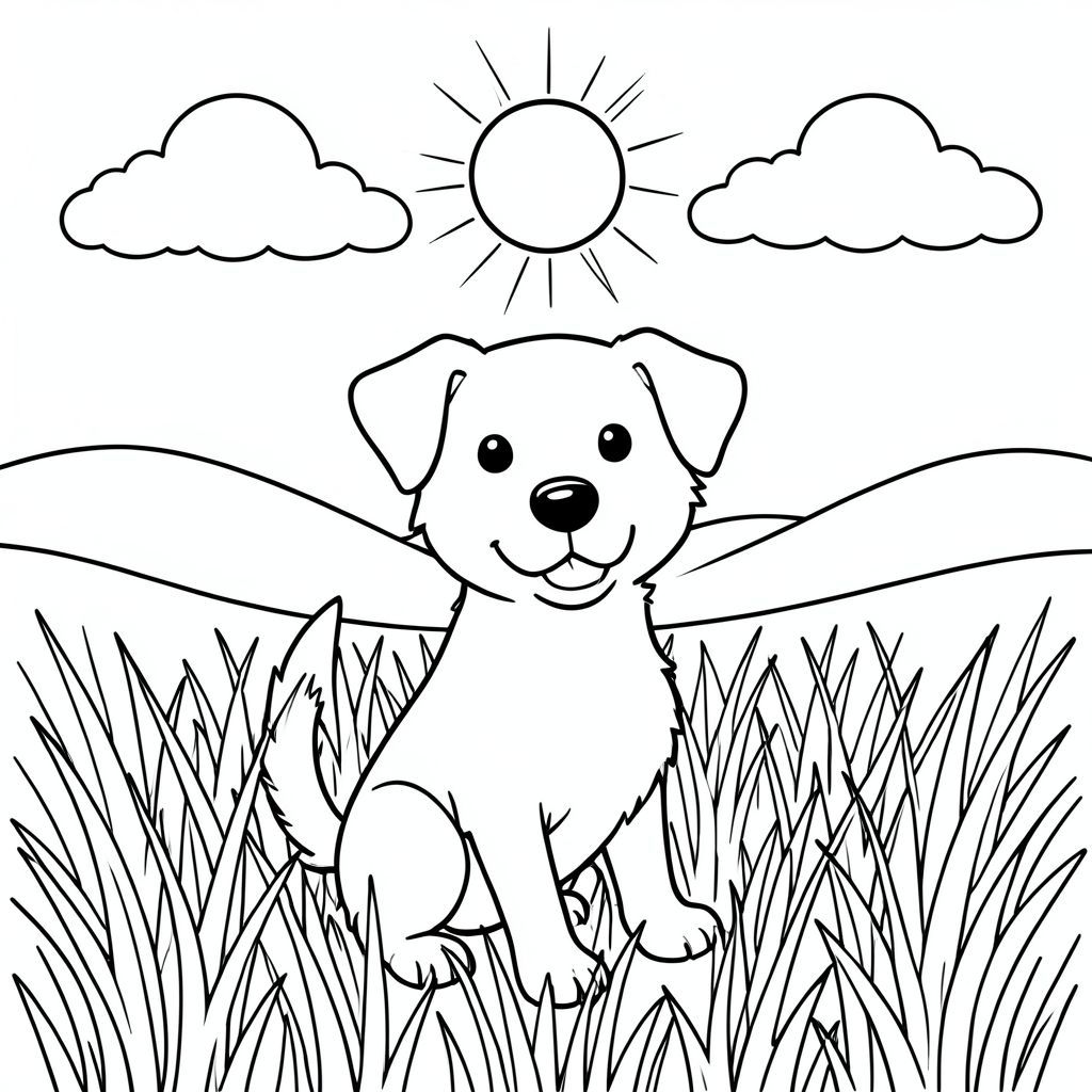 Một chú chó vui vẻ ngồi trên cánh đồng cỏ cao dưới ánh nắng mặt trời và những đám mây trắng mịn. có đôi tai hổn hển và cái đuôi vẫy vẫy. Các đường đơn giản xác định hình dạng của nó, sẵn sàng để tô màu. Hậu cảnh có những ngọn đồi thoai thoải và bầu trời quang đãng. Bố cục cân bằng, với ở giữa khung hình., trang màu, nghệ thuật đường nét, nền trắng