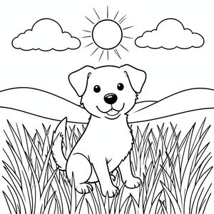 Một chú chó vui vẻ ngồi trên cánh đồng cỏ cao dưới ánh nắng mặt trời và những đám mây trắng mịn. có đôi tai hổn hển và cái đuôi vẫy vẫy. Các đường đơn giản xác định hình dạng của nó, sẵn sàng để tô màu. Hậu cảnh có những ngọn đồi thoai thoải và bầu trời quang đãng. Bố cục cân bằng, với ở giữa khung hình., trang màu, nghệ thuật đường nét, nền trắng