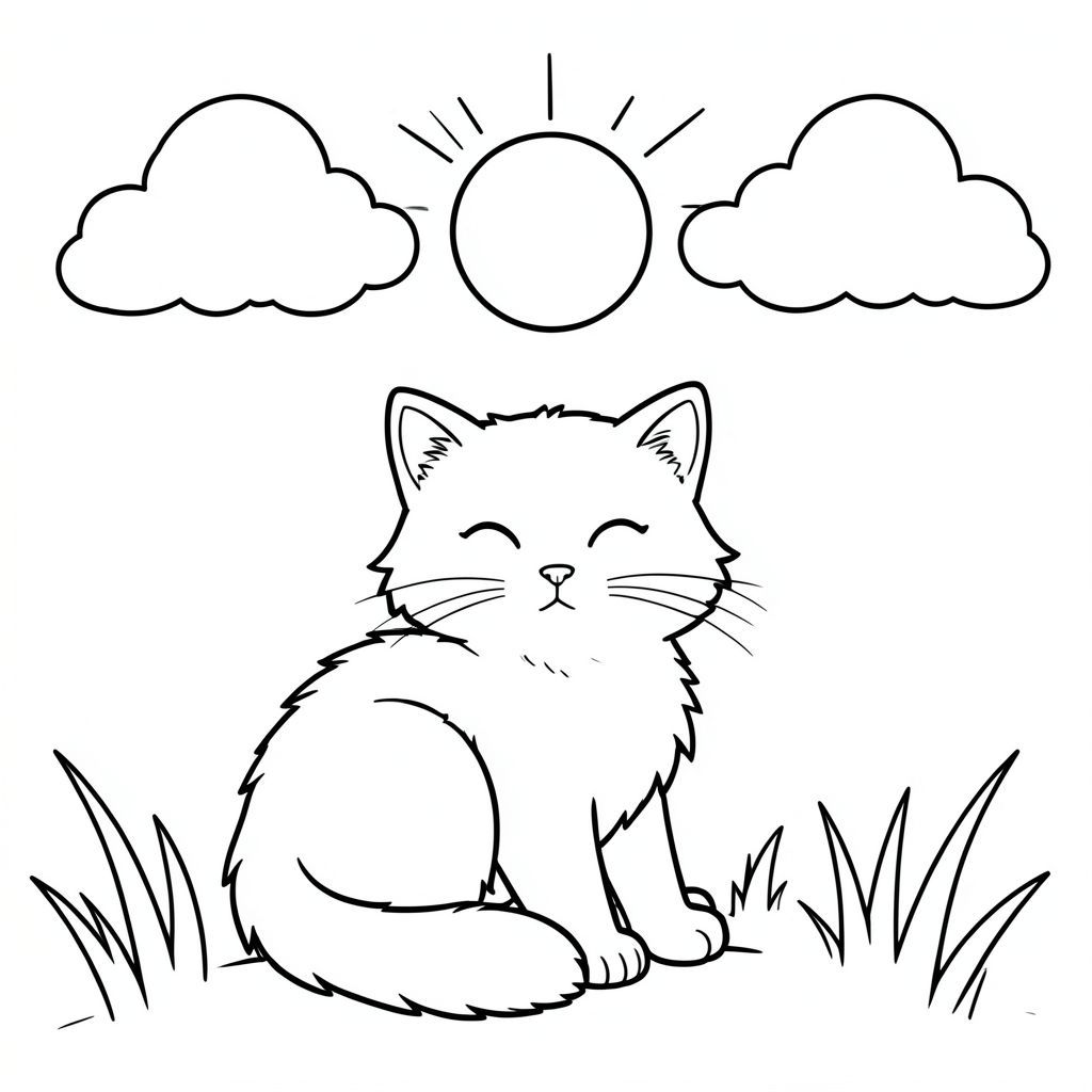 Một chú mèo lông tơ ngồi yên bình dưới ánh mặt trời, những đám mây mịn lười biếng trôi dạt trên bầu trời phía trên. Đuôi mèo uốn cong nhẹ nhàng quanh bàn chân. Các đường nét đơn giản, sạch sẽ xác định hình dạng của nó, sẵn sàng để tô màu. Một vài ngọn cỏ cách điệu nhô ra khỏi mặt đất. Bố cục cân bằng, với con mèo ở giữa và bầu trời cung cấp phông nền mềm mại, mở., trang màu, nghệ thuật đường nét, nền trắng