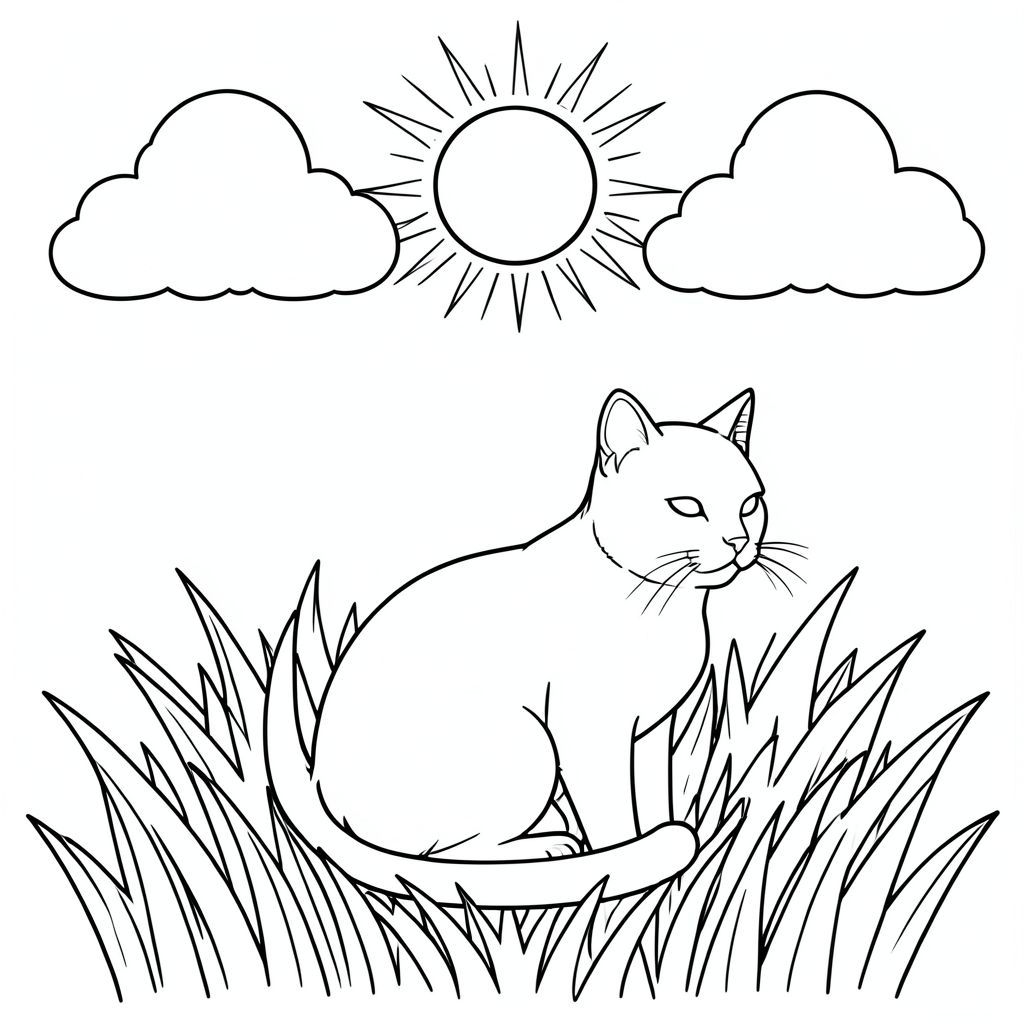 Dưới đây là mô tả màu sắc tuân thủ các nguyên tắc nghiêm ngặt của bạn: Mô tả: Mặt trời dịu dàng tỏa sáng ấm áp trên những đám mây trắng mịn. Một con mèo thực tế ngồi yên bình trong một mảng cỏ cao. Hình dạng của con mèo được phác thảo rõ ràng, sẵn sàng cho màu sắc. Đuôi của nó uốn cong duyên dáng. Khung cảnh đơn giản và cân bằng, hoàn hảo cho trải nghiệm tô màu thư giãn., tô màu, nghệ thuật đường nét, nền trắng