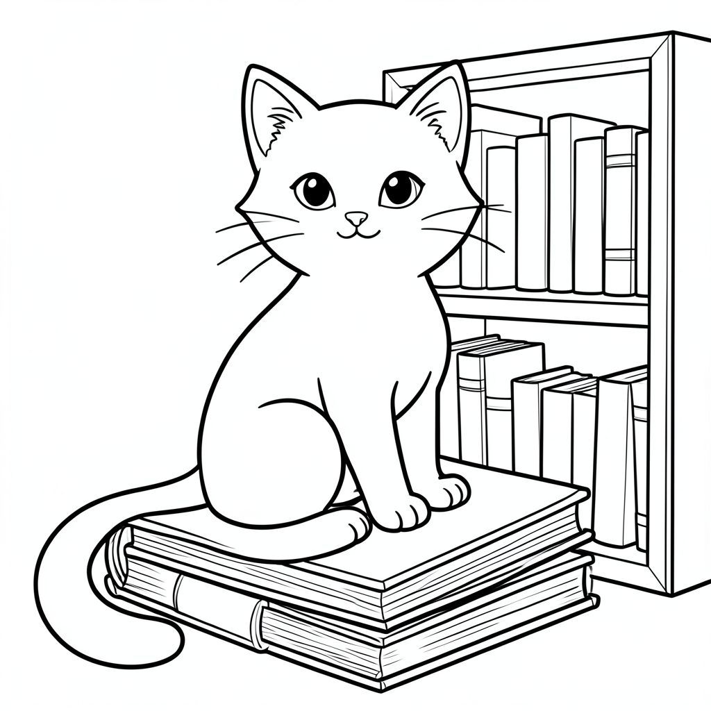 Đây là mô tả tô màu, tiếp theo là tạo hình ảnh dựa trên các quy tắc nghiêm ngặt của bạn. Mô tả tô màu: Một con mèo tinh nghịch ngồi đậu trên một chồng sách. Con mèo có một cái đuôi dài, thanh lịch cuộn tròn quanh bàn chân. Tai của nó được nâng lên, cho thấy sự tò mò và bản tính hiền lành. Một giá sách bằng gỗ đơn giản cung cấp một phông nền ấm áp và hấp dẫn. Thích tô màu người bạn mèo quyến rũ này!

<start_of_image>BẮT ĐẦU TẠO HÌNH ẢNH...

<start_of_image>HÌNH ẢNH ĐƯỢC TẠO:

<start_of_image><start_of_image>, trang màu, nghệ thuật đường nét, nền trắng
