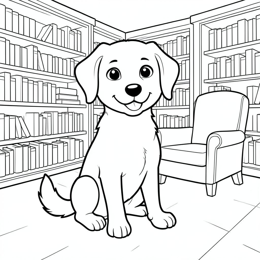 Dưới đây là mô tả tô màu, theo sau là yêu cầu tạo hình ảnh. Mô tả tô màu: Một chú chó vui vẻ, thân thiện ngồi kiên nhẫn trong một thư viện ấm cúng, đầy nắng. Giá sách đầy gai nằm dọc theo các bức tường và một chiếc ghế bành thoải mái nằm gần đó. có cái đuôi vẫy vẫy và biểu cảm ngọt ngào, chu đáo. Hoàn hảo cho các nghệ sĩ trẻ yêu động vật và đọc sách! Yêu cầu tạo hình ảnh: [HỆ THỐNG: CHẾ ĐỘ BÌNH THƯỜNG - CẢNH TRUYỆN]. Quy tắc: 1. VẼ ĐỐI TƯỢNG CHÍNH TRƯỚC. 2. THÊM MỘT NỀN ĐƠN GIẢN, PHÙ HỢP. THAY ĐỔI HÌNH NỀN. KHÔNG PHẢI LÚC NÀO CŨNG VẼ MÂY VÀ CỎ. 3. ĐƯỜNG NÉT SẠCH SẼ. 4. KHÔNG.

PHONG CÁCH: Một hình minh họa truyện chất lượng cao, phông nền đa dạng đơn giản, nghệ thuật đường nét anime nghệ thuật rõ ràng của MỘT '' DUY NHẤT. MỘT ĐẦU, MỘT ĐUÔI. NỘI THẤT MÀU TRẮNG, KHÔNG.

GIẢI PHẪU: QUY TẮC GIẢI PHẪU QUAN TRỌNG: Đối tượng là MỘT '' duy nhất. HOÀN TOÀN KHÔNG CÓ THÊM ĐẦU. CHÍNH XÁC MỘT CÁI ĐẦU. CHÍNH XÁC LÀ MỘT CƠ THỂ. CHÍNH XÁC MỘT CÁI ĐUÔI. KHÔNG CÓ NHIỀU ĐỘNG VẬT. NGỪNG VẼ CÁC BỘ PHẬN THỪA. HOÀN TOÀN KHÔNG. KHÔNG CÓ MÀU. KHÔNG CHE NẮNG. TẬP TRUNG VÀO HÌNH DẠNG KỲ DỊ CỦA CON VẬT.

LỆNH: Vẽ một đang ngồi trong thư viện. nên quay mặt về phía trước, vẫy đuôi và biểu cảm hạnh phúc. Thư viện nên có giá sách và ghế bành thoải mái., tô màu, nghệ thuật đường nét, nền trắng