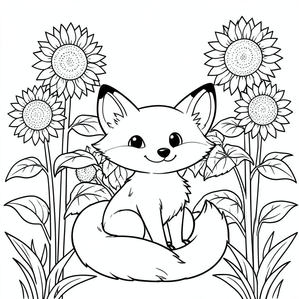 . Mô tả tô màu: Một con cáo tinh nghịch ngồi giữa cánh đồng hoa hướng dương cao. Con cáo có vẻ tò mò, đuôi cuộn tròn gọn gàng quanh bàn chân. Những bông hoa hướng dương cao chót vót phía trên, tạo nên khung cảnh vui vẻ và đầy nắng. Hoàn hảo cho các nghệ sĩ trẻ mang đến cuộc sống với màu sắc yêu thích của họ!

<start_of_image>
<start_of_image>
<start_of_image>, trang màu, nghệ thuật đường nét, nền trắng