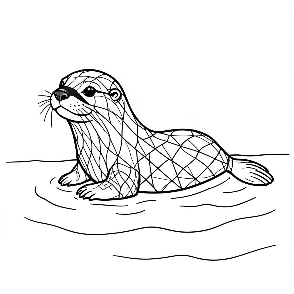 Đây là mô tả tô màu, tiếp theo là tạo hình ảnh theo các quy tắc nghiêm ngặt của bạn. Mô tả tô màu: Một con rái cá tinh nghịch nhẹ nhàng trôi nổi trên một đại dương yên tĩnh. Bộ lông của rái cá được phác thảo bằng hiệu ứng kính màu, tạo ra một hoa văn hình học đẹp mắt. Nước đơn giản và trong vắt, với một vài đường sóng tinh tế. Đây là một khung cảnh thú vị để các nghệ sĩ trẻ mang vào cuộc sống với những màu sắc yêu thích của họ!   <start_of_image>Otter_Ocean.png
<start_of_image>, trang màu, nghệ thuật đường nét, nền trắng