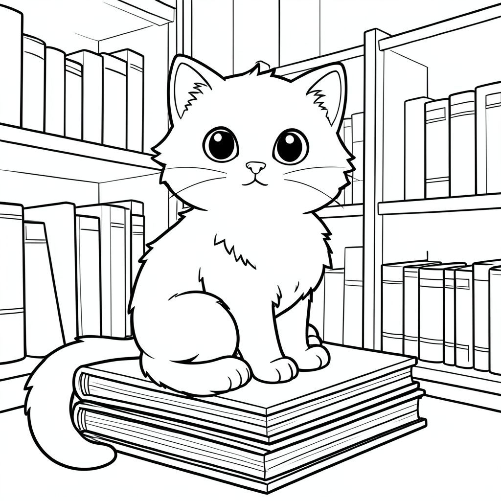<start_of_image>Một con mèo lông tơ ngồi đậu trên một chồng sách trong một thư viện yên tĩnh. Con mèo có đôi mắt to, tròn và một cái đuôi dài, cong lại. Hậu cảnh cho thấy một vài giá sách chứa đầy các tập, với ánh sáng ấm áp, mời gọi từ cửa sổ gần đó. Các đường nét sạch sẽ và đơn giản, sẵn sàng để tô màu., tô màu, nghệ thuật đường nét, nền trắng
