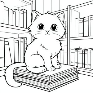 <start_of_image>Một con mèo lông tơ ngồi đậu trên một chồng sách trong một thư viện yên tĩnh. Con mèo có đôi mắt to, tròn và một cái đuôi dài, cong lại. Hậu cảnh cho thấy một vài giá sách chứa đầy các tập, với ánh sáng ấm áp, mời gọi từ cửa sổ gần đó. Các đường nét sạch sẽ và đơn giản, sẵn sàng để tô màu., tô màu, nghệ thuật đường nét, nền trắng