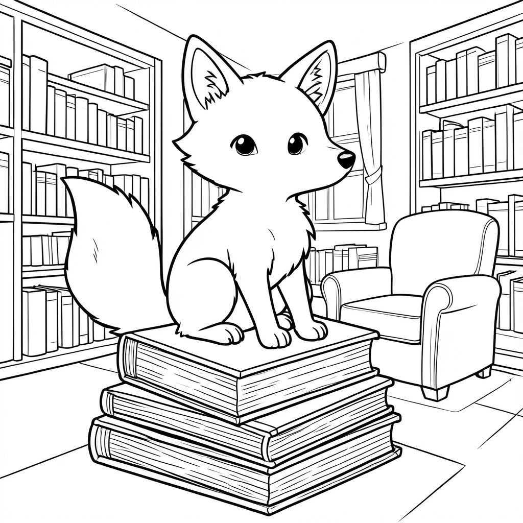 . Mô tả tô màu: Một con cáo tinh nghịch ngồi đậu trên một chồng sách cũ trong một thư viện ấm áp, hấp dẫn. Cáo có đuôi lông tơ và đôi tai cảnh giác. Nền thư viện bao gồm một vài giá sách có thể nhìn thấy và một chiếc ghế bành thoải mái. Đó là một khung cảnh hoàn hảo cho trí tưởng tượng và những cuộc phiêu lưu ấm cúng.

<start_of_image>, trang màu, nghệ thuật đường nét, nền trắng