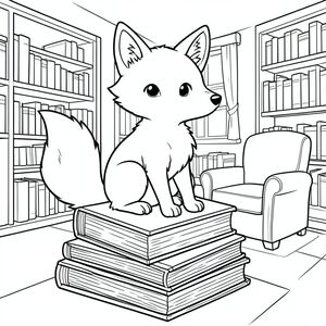 . Mô tả tô màu: Một con cáo tinh nghịch ngồi đậu trên một chồng sách cũ trong một thư viện ấm áp, hấp dẫn. Cáo có đuôi lông tơ và đôi tai cảnh giác. Nền thư viện bao gồm một vài giá sách có thể nhìn thấy và một chiếc ghế bành thoải mái. Đó là một khung cảnh hoàn hảo cho trí tưởng tượng và những cuộc phiêu lưu ấm cúng.

<start_of_image>, trang màu, nghệ thuật đường nét, nền trắng