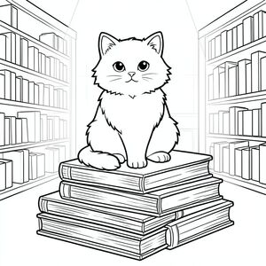<start_of_image>

Một con mèo lông bông ngồi đậu trên một chồng sách cũ trong một thư viện được thắp sáng ấm áp. Những cuốn sách có nhiều kích cỡ và hình dạng khác nhau, tạo nên một ngai vàng hay thay đổi, hơi bấp bênh cho mèo. Hậu cảnh bao gồm một gợi ý về các giá sách lùi về phía xa, với một nguồn mềm duy nhất chiếu sáng con mèo và khu vực ngay lập tức. Các đường nét sạch sẽ và đơn giản, sẵn sàng để tô màu., tô màu, nghệ thuật đường nét, nền trắng