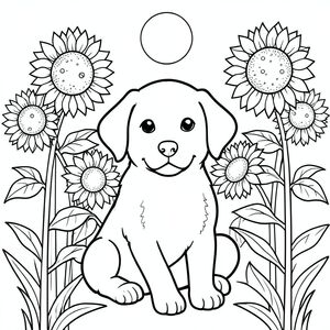 <start_of_image>

Một chú chó con tinh nghịch ngồi giữa cánh đồng hoa hướng dương cao, đung đưa. Hình dạng của được phác thảo với hiệu ứng kính màu, sẵn sàng tô màu. Các đường nét đơn giản, gọn gàng xác định hình dạng của nó, hoàn hảo cho các nghệ sĩ trẻ. Nền có hoa hướng dương, khuôn mặt của chúng quay về phía mặt trời, không nhìn thấy., trang màu, nghệ thuật đường nét, nền trắng