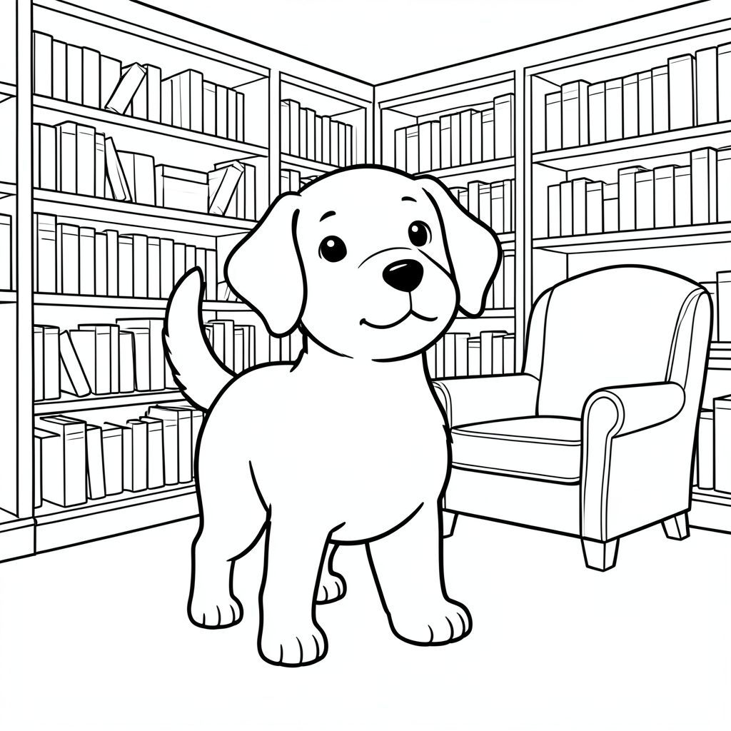 Dưới đây là mô tả tô màu tuân thủ các nguyên tắc nghiêm ngặt của bạn, sau đó là tạo hình ảnh. Mô tả tô màu: Một chú chó ngọt ngào, thân thiện với đôi tai mềm đứng kiêu hãnh trong một thư viện ấm cúng. Giá sách đầy gai dọc theo các bức tường. Một chiếc ghế bành thoải mái nằm trong góc, tắm trong sự mềm mại . Chú chó con đáng yêu này đã sẵn sàng cho một người bạn mới để làm cho nó trở nên sống động với màu sắc!   <start_of_image>Hình minh họa một với đường viền kính màu, đứng trong thư viện. có một đầu, một cơ thể và một đuôi. Hậu cảnh bao gồm giá sách và một chiếc ghế bành thoải mái. Phong cách là một hình minh họa truyện dễ thương với các đường nét rõ ràng. Không có hoặc màu., trang màu, nghệ thuật đường nét, nền trắng
