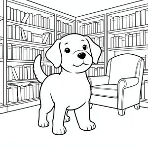 Dưới đây là mô tả tô màu tuân thủ các nguyên tắc nghiêm ngặt của bạn, sau đó là tạo hình ảnh. Mô tả tô màu: Một chú chó ngọt ngào, thân thiện với đôi tai mềm đứng kiêu hãnh trong một thư viện ấm cúng. Giá sách đầy gai dọc theo các bức tường. Một chiếc ghế bành thoải mái nằm trong góc, tắm trong sự mềm mại . Chú chó con đáng yêu này đã sẵn sàng cho một người bạn mới để làm cho nó trở nên sống động với màu sắc!   <start_of_image>Hình minh họa một với đường viền kính màu, đứng trong thư viện. có một đầu, một cơ thể và một đuôi. Hậu cảnh bao gồm giá sách và một chiếc ghế bành thoải mái. Phong cách là một hình minh họa truyện dễ thương với các đường nét rõ ràng. Không có hoặc màu., trang màu, nghệ thuật đường nét, nền trắng