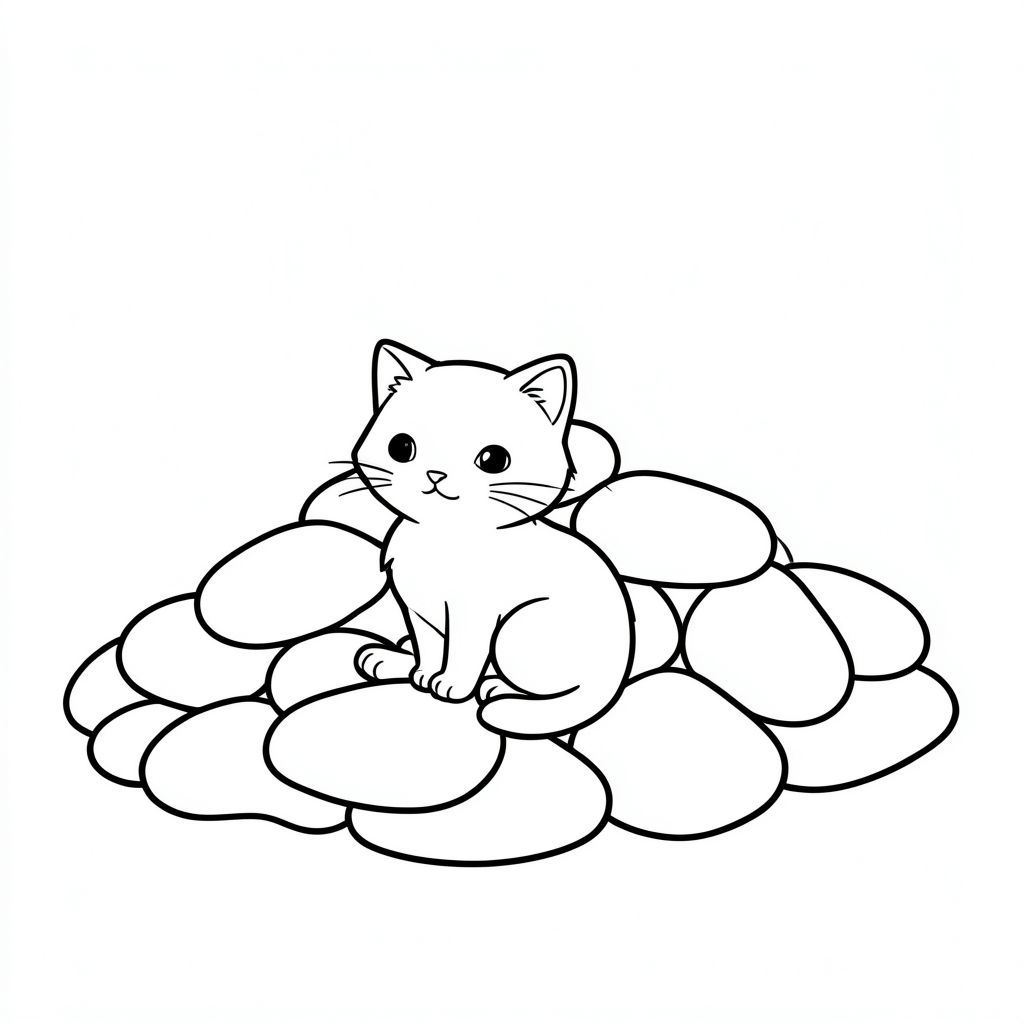 Một con mèo nhỏ ngồi nép mình giữa một đống đá nhẵn. Đống đá hơi nghiêng, tạo ra một đường cong tinh tế ở hậu cảnh., trang màu, nghệ thuật đường nét, nền trắng