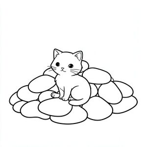 Một con mèo nhỏ ngồi nép mình giữa một đống đá nhẵn. Đống đá hơi nghiêng, tạo ra một đường cong tinh tế ở hậu cảnh., trang màu, nghệ thuật đường nét, nền trắng