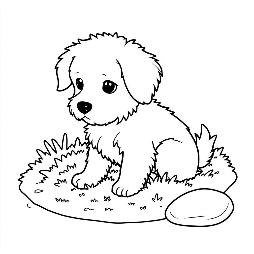 Một nhỏ, lông tơ ngồi nép mình giữa một luống rêu. hơi quay mặt sang trái, với tai nghiêng xuống dưới. Nền là một mảng đất ẩm ướt đơn giản, hơi mờ. Có một hòn đá duy nhất, mịn gần đó., trang màu, nghệ thuật đường nét, nền trắng