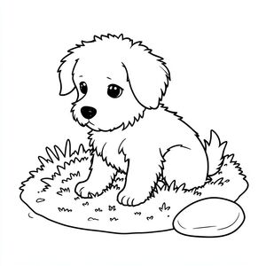 Một nhỏ, lông tơ ngồi nép mình giữa một luống rêu. hơi quay mặt sang trái, với tai nghiêng xuống dưới. Nền là một mảng đất ẩm ướt đơn giản, hơi mờ. Có một hòn đá duy nhất, mịn gần đó., trang màu, nghệ thuật đường nét, nền trắng