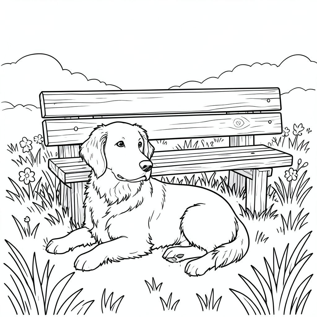 Một chiếc ghế gỗ nhỏ, phong hóa nằm nép mình trong một đồng cỏ ngập tràn ánh nắng. Một duy nhất, có hình dạng hoàn hảo, một tha mồi, đang nằm yên bình trên bãi cỏ, đầu hơi nghiêng như thể đang nhìn về phía chân trời. Bộ lông của phong phú, ấm áp, bắt ., trang màu, nghệ thuật đường nét, nền trắng