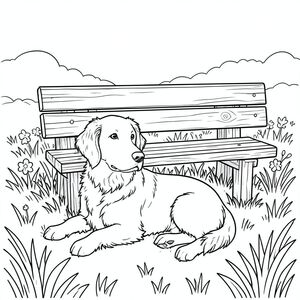 Một chiếc ghế gỗ nhỏ, phong hóa nằm nép mình trong một đồng cỏ ngập tràn ánh nắng. Một duy nhất, có hình dạng hoàn hảo, một tha mồi, đang nằm yên bình trên bãi cỏ, đầu hơi nghiêng như thể đang nhìn về phía chân trời. Bộ lông của phong phú, ấm áp, bắt ., trang màu, nghệ thuật đường nét, nền trắng