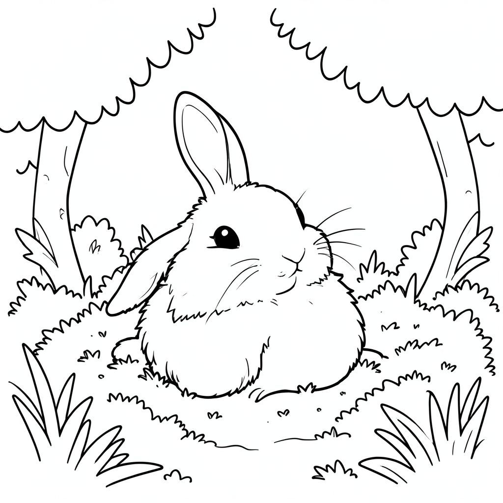 Một con thỏ trắng lông tơ đơn lẻ ngồi nép mình giữa một luống rêu trong một khoảng trống nhỏ, ngập tràn ánh nắng., trang màu, nghệ thuật đường nét, nền trắng