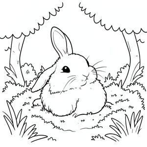 Một con thỏ trắng lông tơ đơn lẻ ngồi nép mình giữa một luống rêu trong một khoảng trống nhỏ, ngập tràn ánh nắng., trang màu, nghệ thuật đường nét, nền trắng