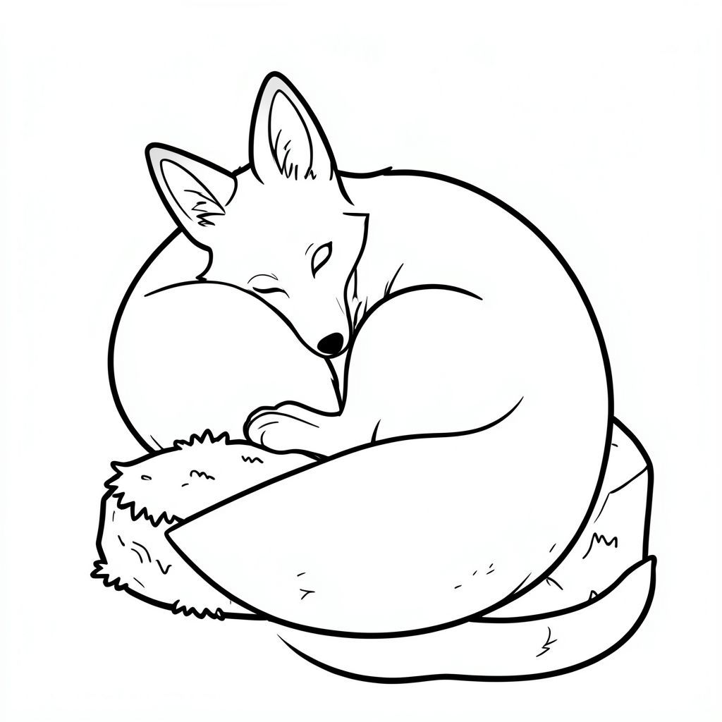 Một con cáo duy nhất, bóng bẩy, cuộn tròn quanh một tảng đá rêu., trang màu, nghệ thuật đường nét, nền trắng