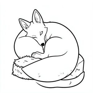 Một con cáo duy nhất, bóng bẩy, cuộn tròn quanh một tảng đá rêu., trang màu, nghệ thuật đường nét, nền trắng