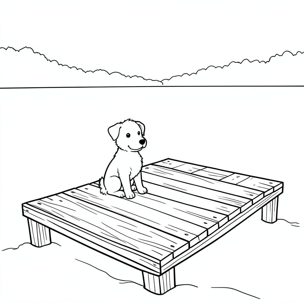 Một nhỏ ngồi một mình trên một bến tàu bằng gỗ bị phong hóa. Bến tàu hơi nghiêng, dẫn vào một hồ nước yên tĩnh, trang màu, nghệ thuật đường nét, nền trắng