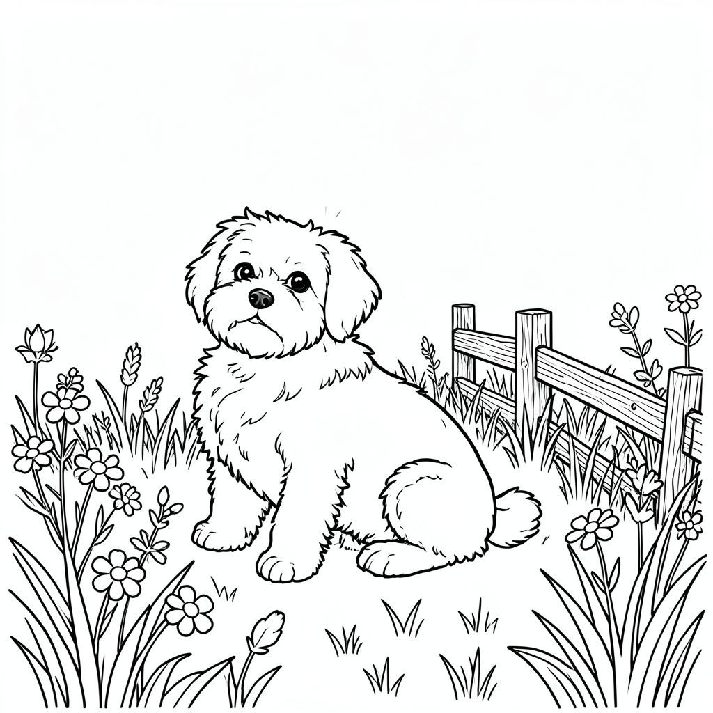 Một nhỏ, lông tơ đang ngồi trên đồng cỏ ngập tràn ánh nắng. Cỏ có màu , hơi màu. Một hàng rào gỗ nhỏ, nhỏ, bị phong hóa chạy dọc theo rìa đồng cỏ, bị che khuất một phần bởi hoa dại. hơi quay mặt sang trái, đầu quay về phía người xem., trang màu, nghệ thuật đường nét, nền trắng