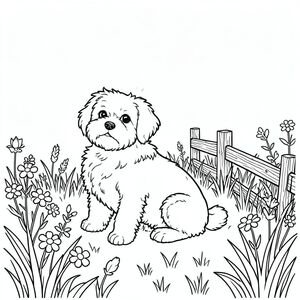 Một nhỏ, lông tơ đang ngồi trên đồng cỏ ngập tràn ánh nắng. Cỏ có màu , hơi màu. Một hàng rào gỗ nhỏ, nhỏ, bị phong hóa chạy dọc theo rìa đồng cỏ, bị che khuất một phần bởi hoa dại. hơi quay mặt sang trái, đầu quay về phía người xem., trang màu, nghệ thuật đường nét, nền trắng