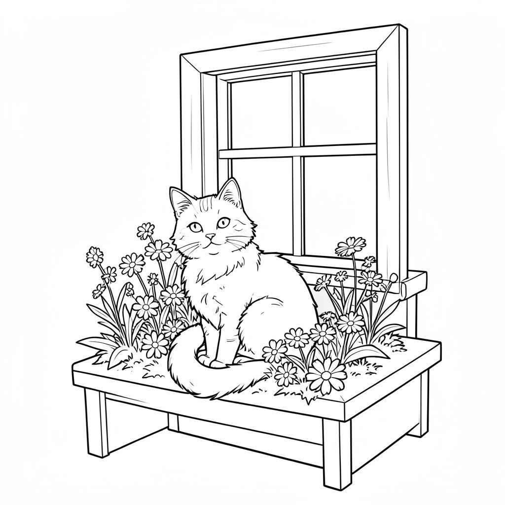 Một chỗ ngồi nhỏ bên cửa sổ ngập nắng. Một con mướp đơn lẻ ngồi nép mình trong một mảng hoa dại ấm áp. Bộ lông của mèo hơi xù, màu trắng kem. Đuôi của nó dài và hơi cong, hướng lên trên., trang màu, nghệ thuật đường nét, nền trắng