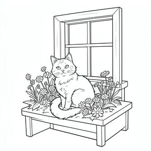 Một chỗ ngồi nhỏ bên cửa sổ ngập nắng. Một con mướp đơn lẻ ngồi nép mình trong một mảng hoa dại ấm áp. Bộ lông của mèo hơi xù, màu trắng kem. Đuôi của nó dài và hơi cong, hướng lên trên., trang màu, nghệ thuật đường nét, nền trắng