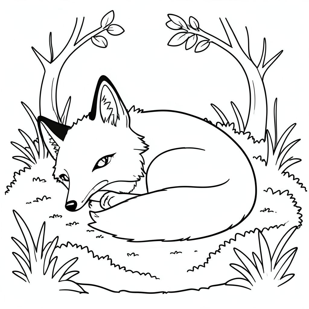 Một con cáo duy nhất, bóng bẩy, cuộn tròn trong một khoảng trống nông, rêu phong., trang màu, nghệ thuật đường nét, nền trắng