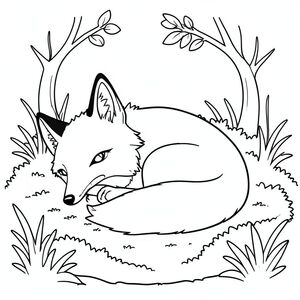 Một con cáo duy nhất, bóng bẩy, cuộn tròn trong một khoảng trống nông, rêu phong., trang màu, nghệ thuật đường nét, nền trắng